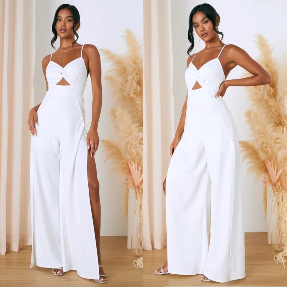 Lulus Instinctively Iconic Twist-Front Flyaway Wide Leg Jumpsuit Bridal Romper - Picture 1 of 5